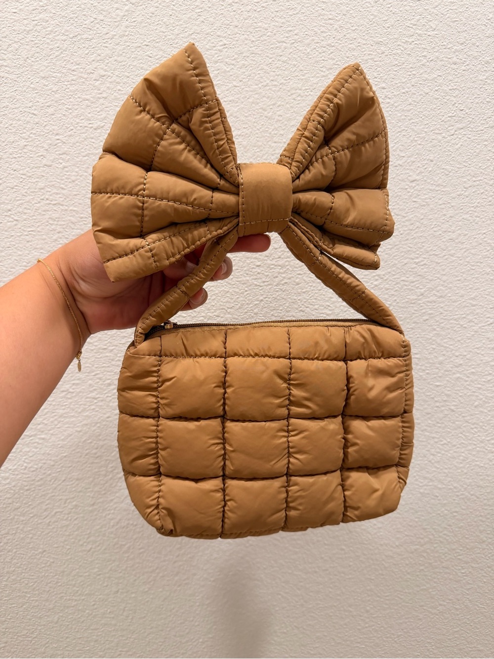 Small Quilted Bow Handle Women's Crossbody Bag - Tan